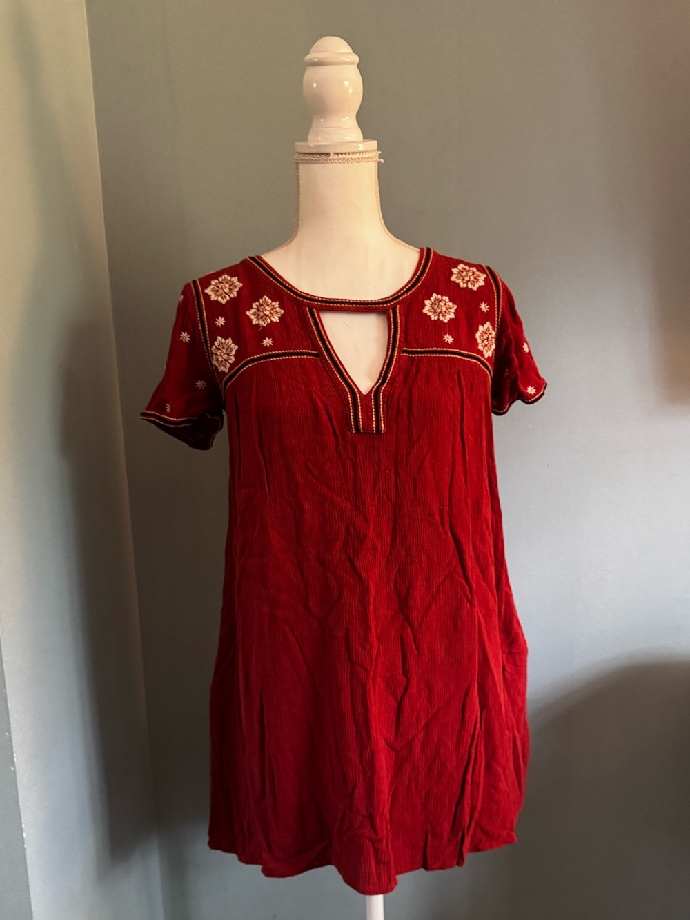 EUC Abercrombie Keyhole Embroidered Tunic Mini Dress Rust Boho Small Vintage